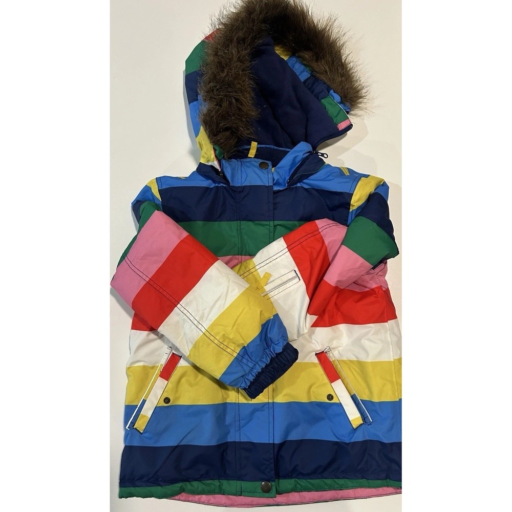 Mini Boden Kids Ski Jacket 9-10Y 140 Rainbow Stripe Faux Fur Hood Snow Coat